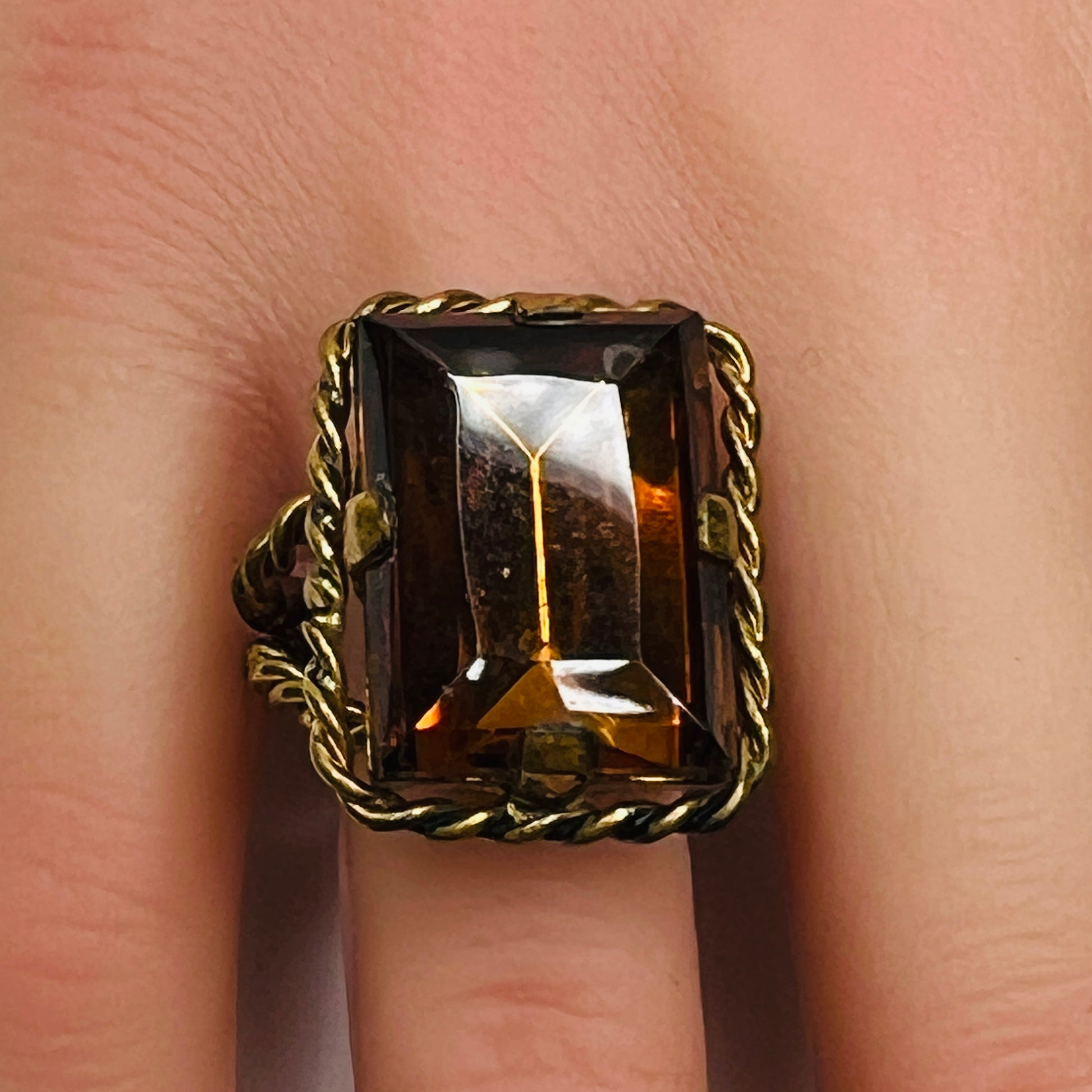 Vintage West Germany amber crystal statement ring with twisted rope frame