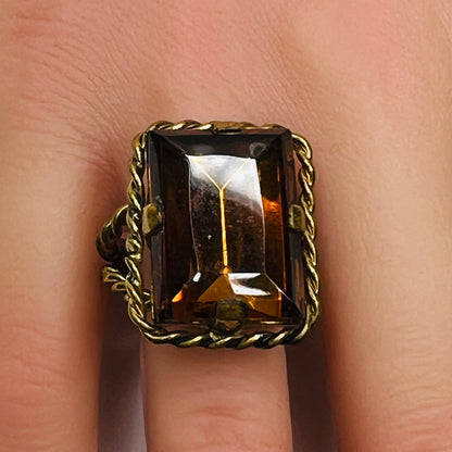 Vintage West Germany amber crystal statement ring with twisted rope frame