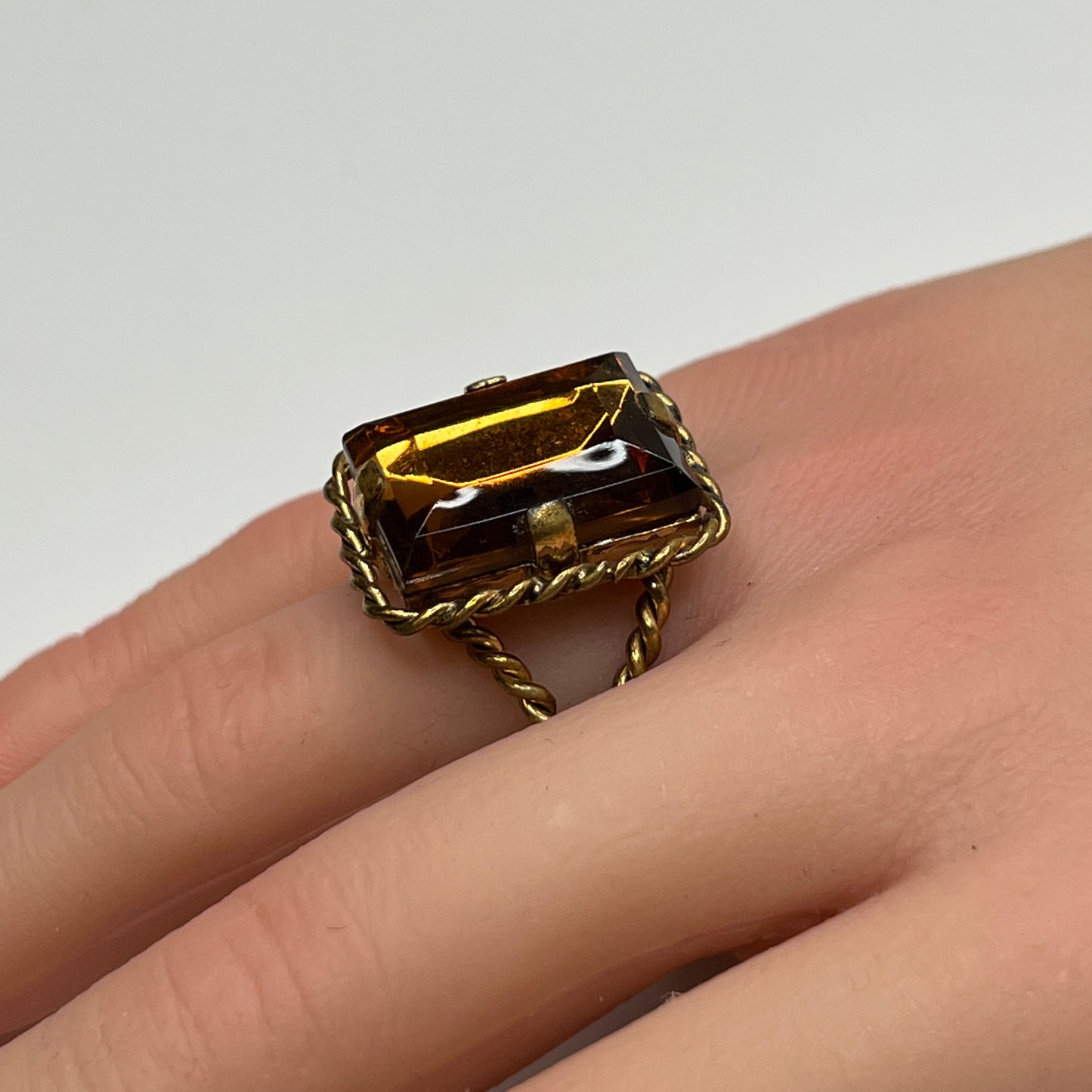 Vintage West Germany amber crystal statement ring with twisted rope frame
