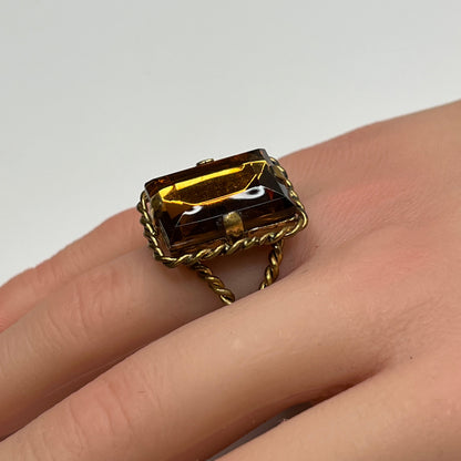Vintage West Germany amber crystal statement ring with twisted rope frame