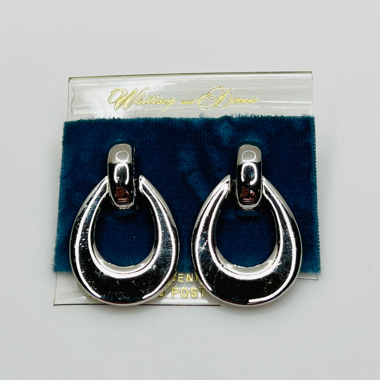 Whiting & Davis silver door knocker earrings on original card