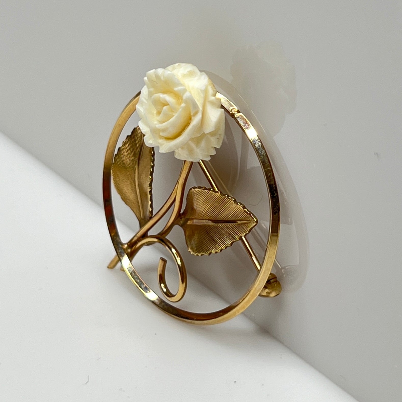 Vintage Winard gold-filled brooch with carved ivory rose