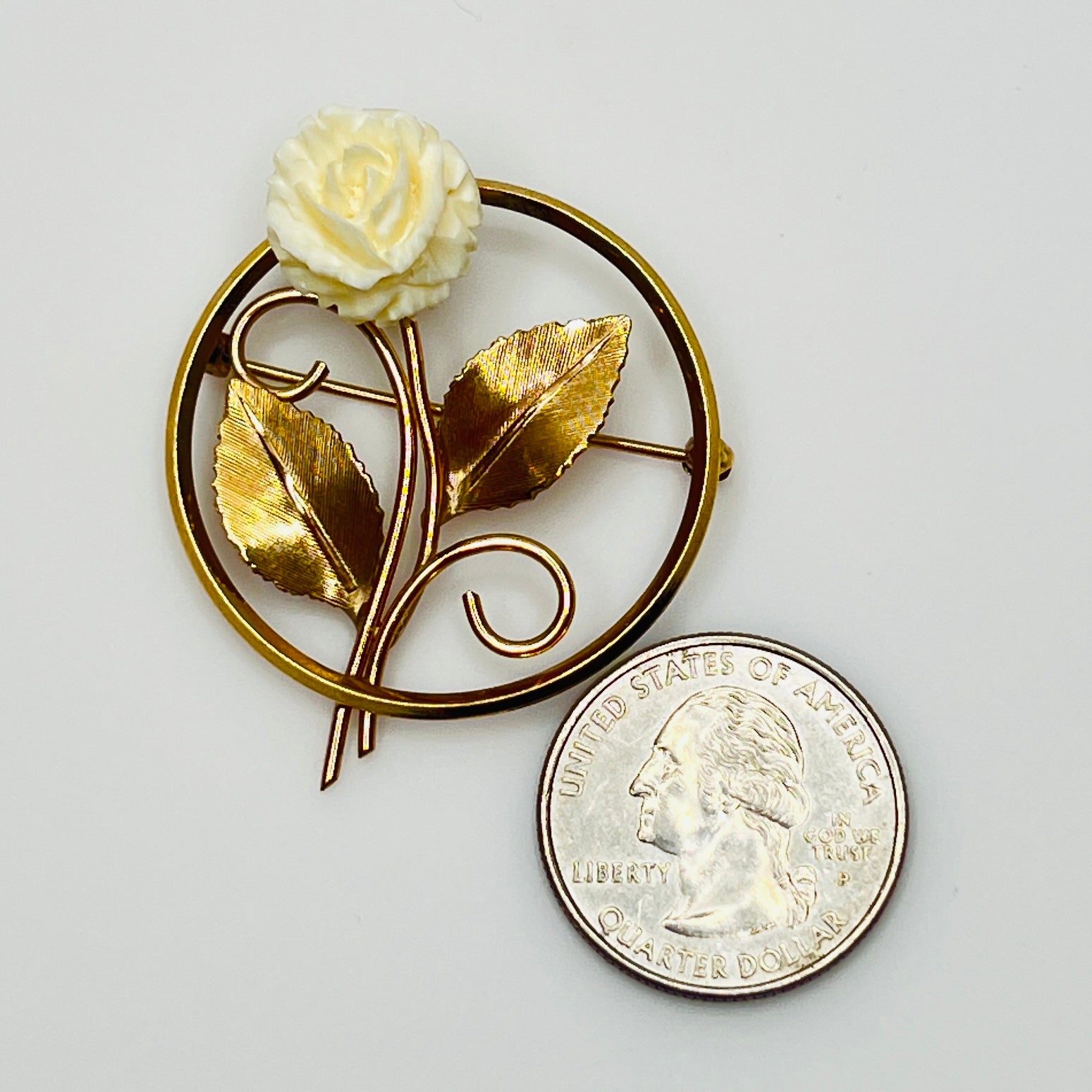 Vintage Winard gold-filled brooch with carved ivory rose
