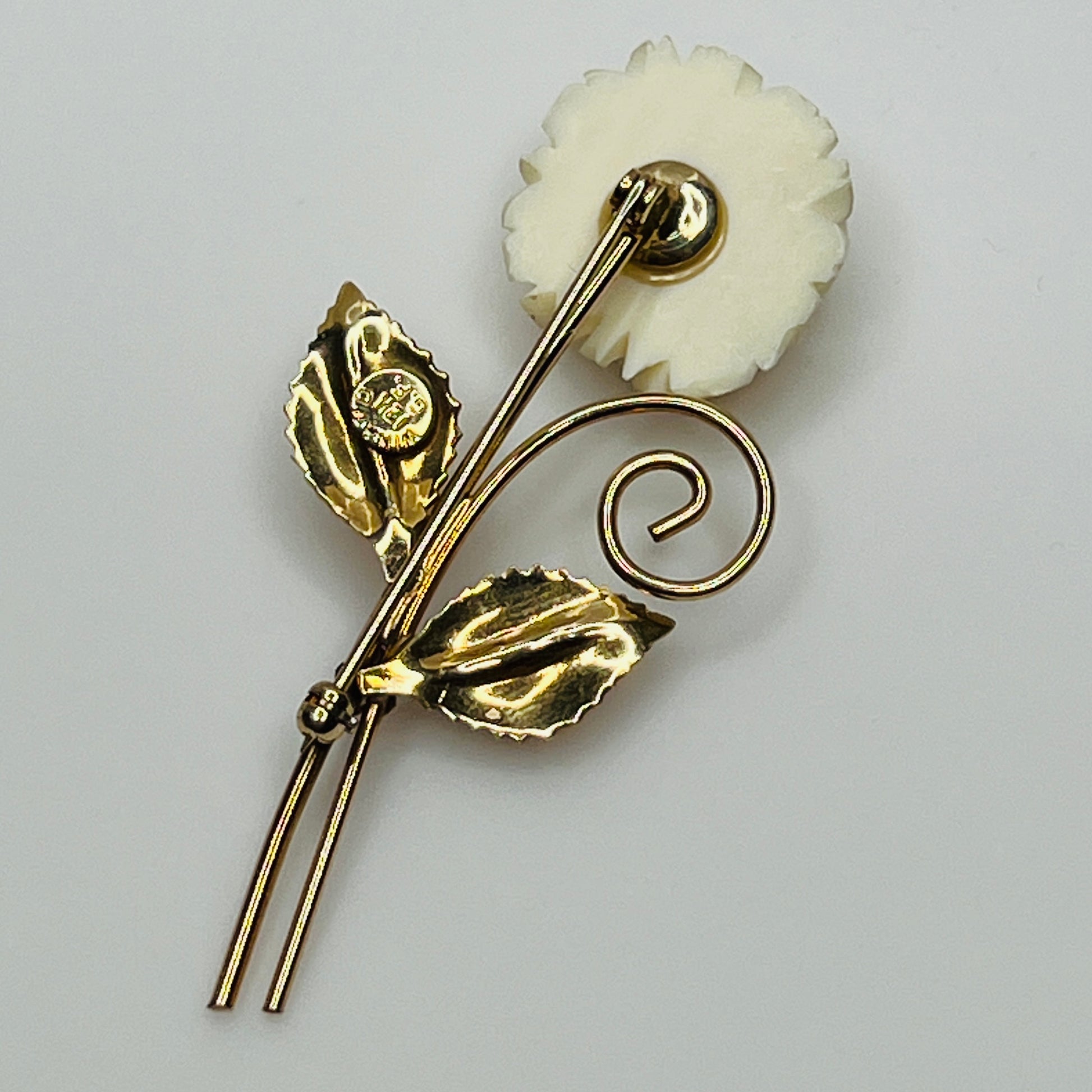 Vintage Winard 12K gold-filled brooch with carved ivory rose and long stem design