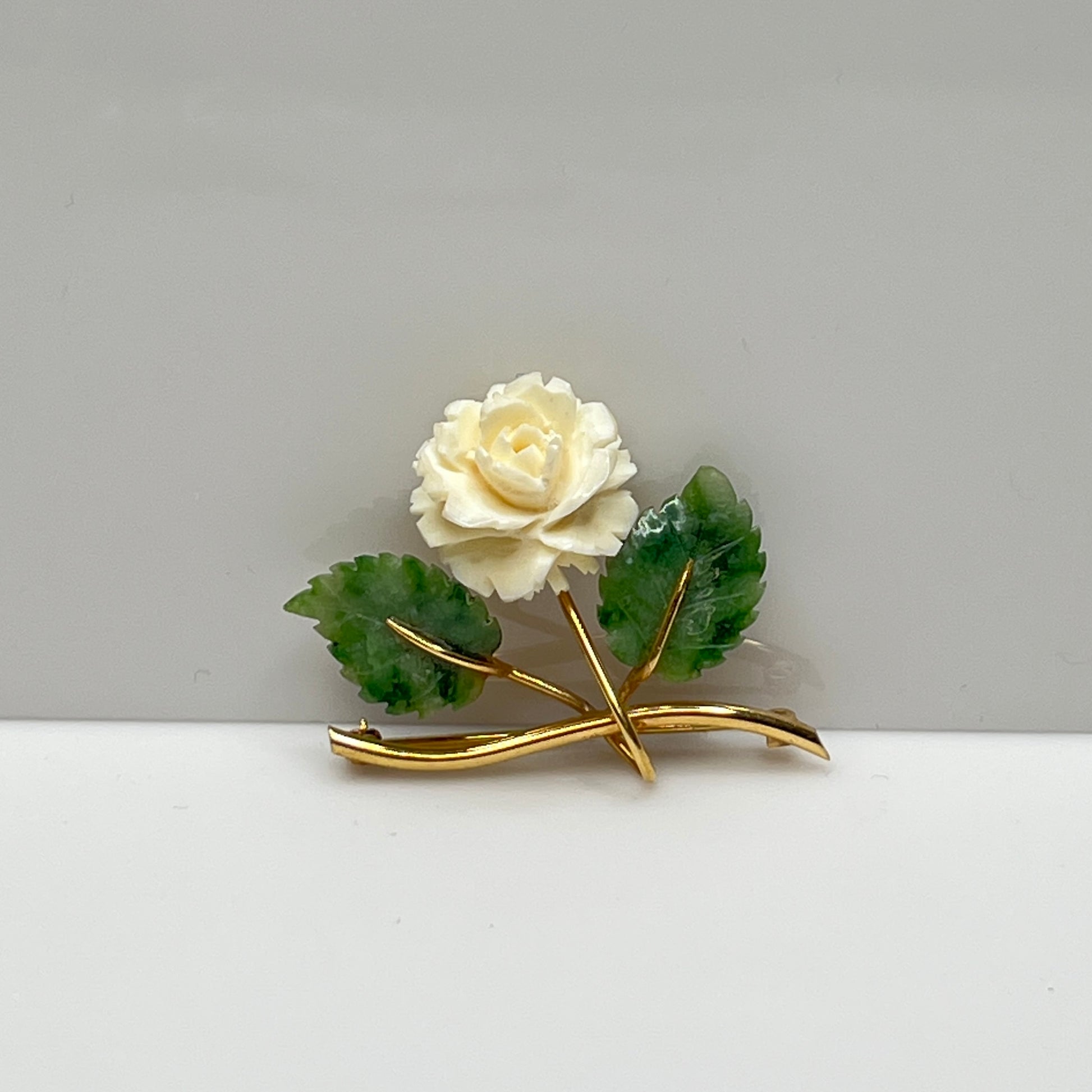 Vintage Winard brooch with carved bone rose and jade leaves