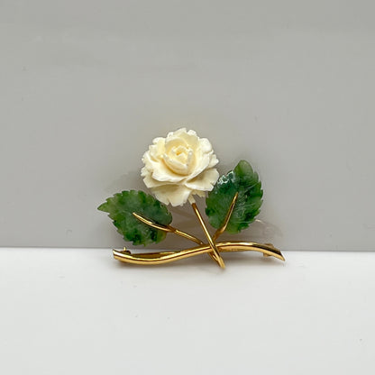 Vintage Winard brooch with carved bone rose and jade leaves