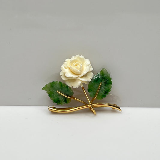 Vintage Winard brooch with carved bone rose and jade leaves