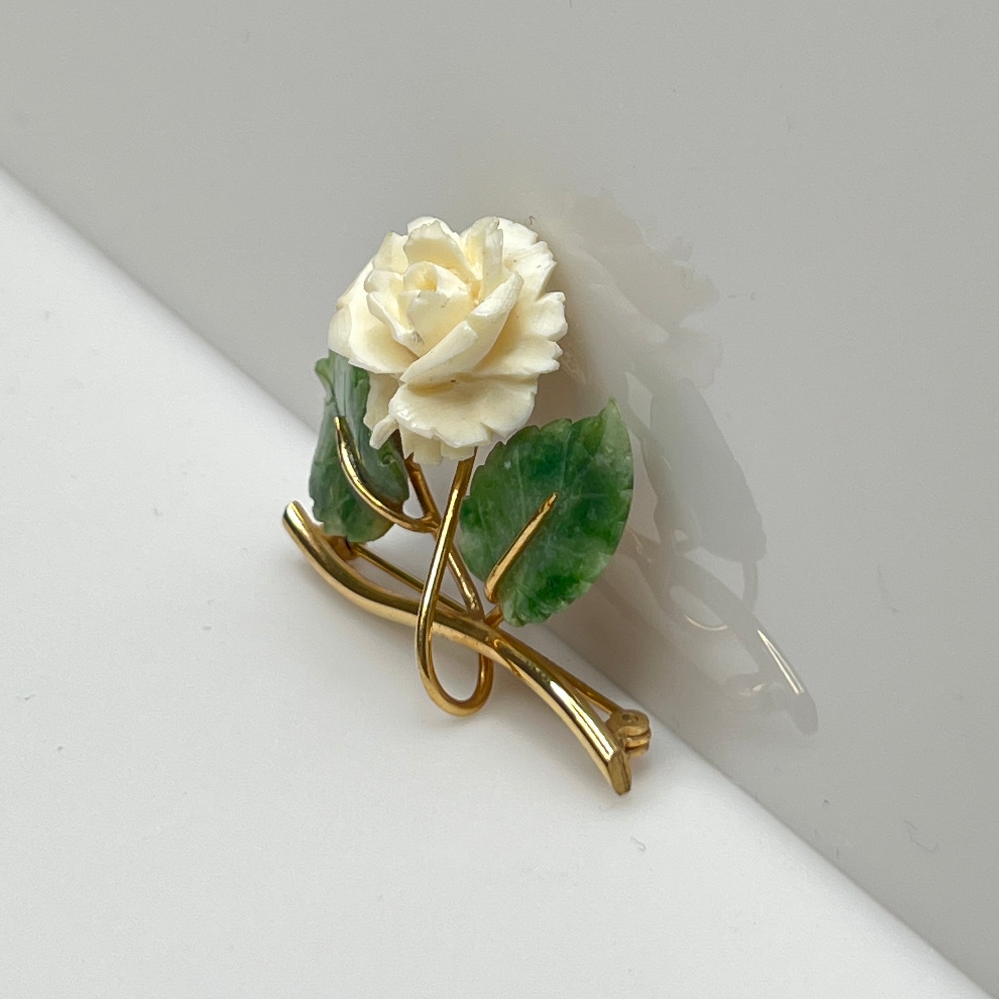 Vintage Winard brooch with carved bone rose and jade leaves