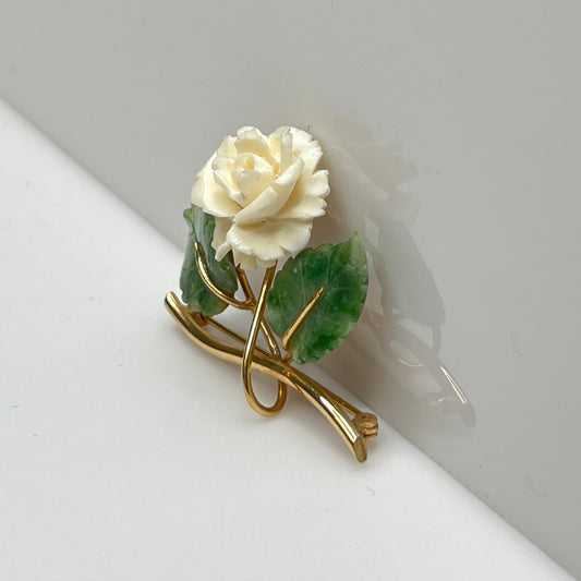 Vintage Winard brooch with carved bone rose and jade leaves