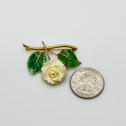 12K gold-filled rose pin with creamy flower and green leaf detail